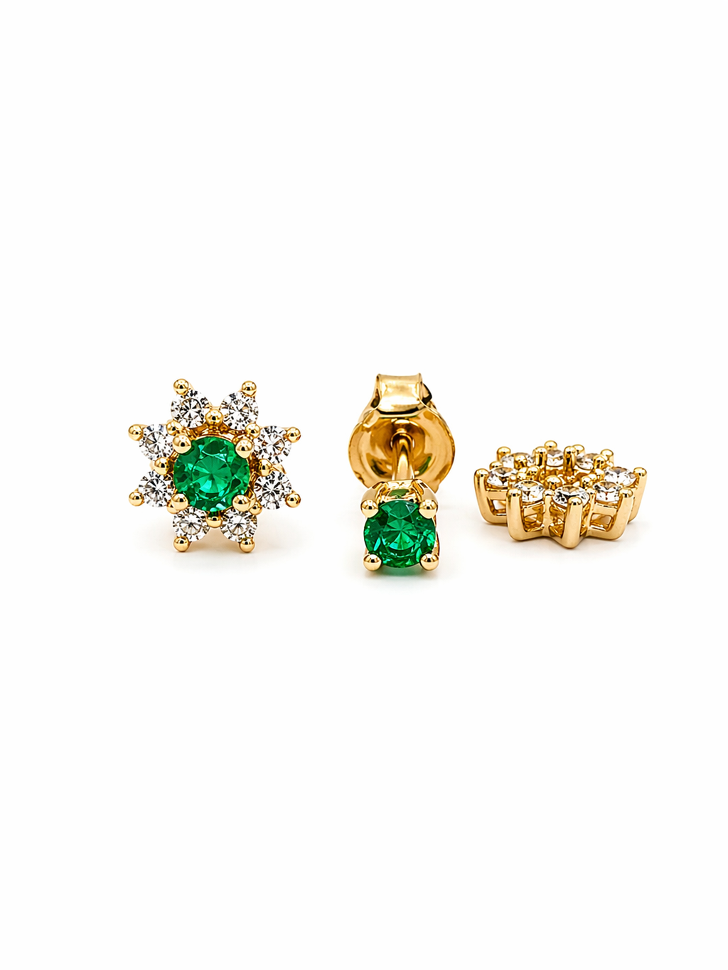 Studs Jaquets Fiore – Esmeraldas Colombianas con Halo Floral de Diamantes Desmontable en Oro Amarillo 18k