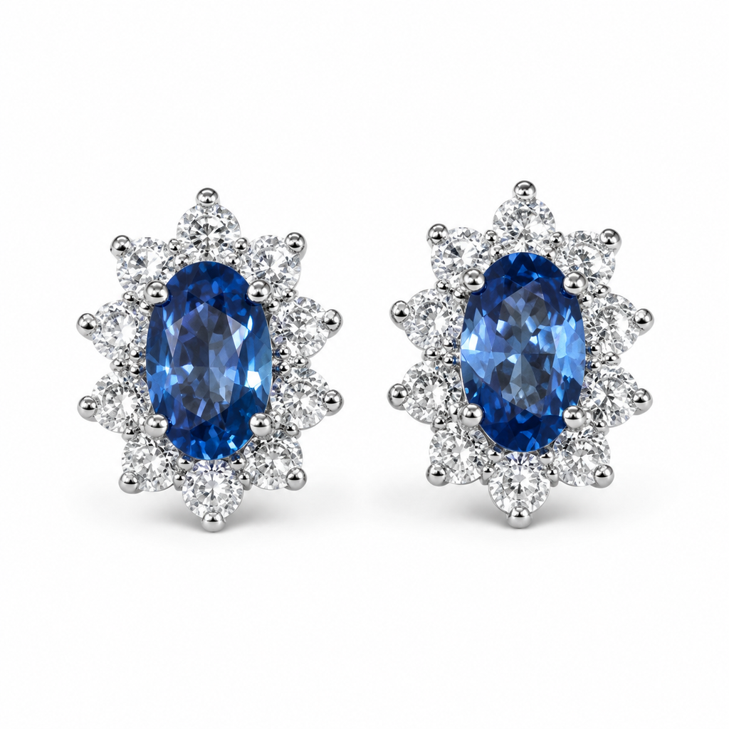 Aretes Zafiros Lady Di – Zafiros Azules Naturales con Diamantes en Oro Blanco 18k