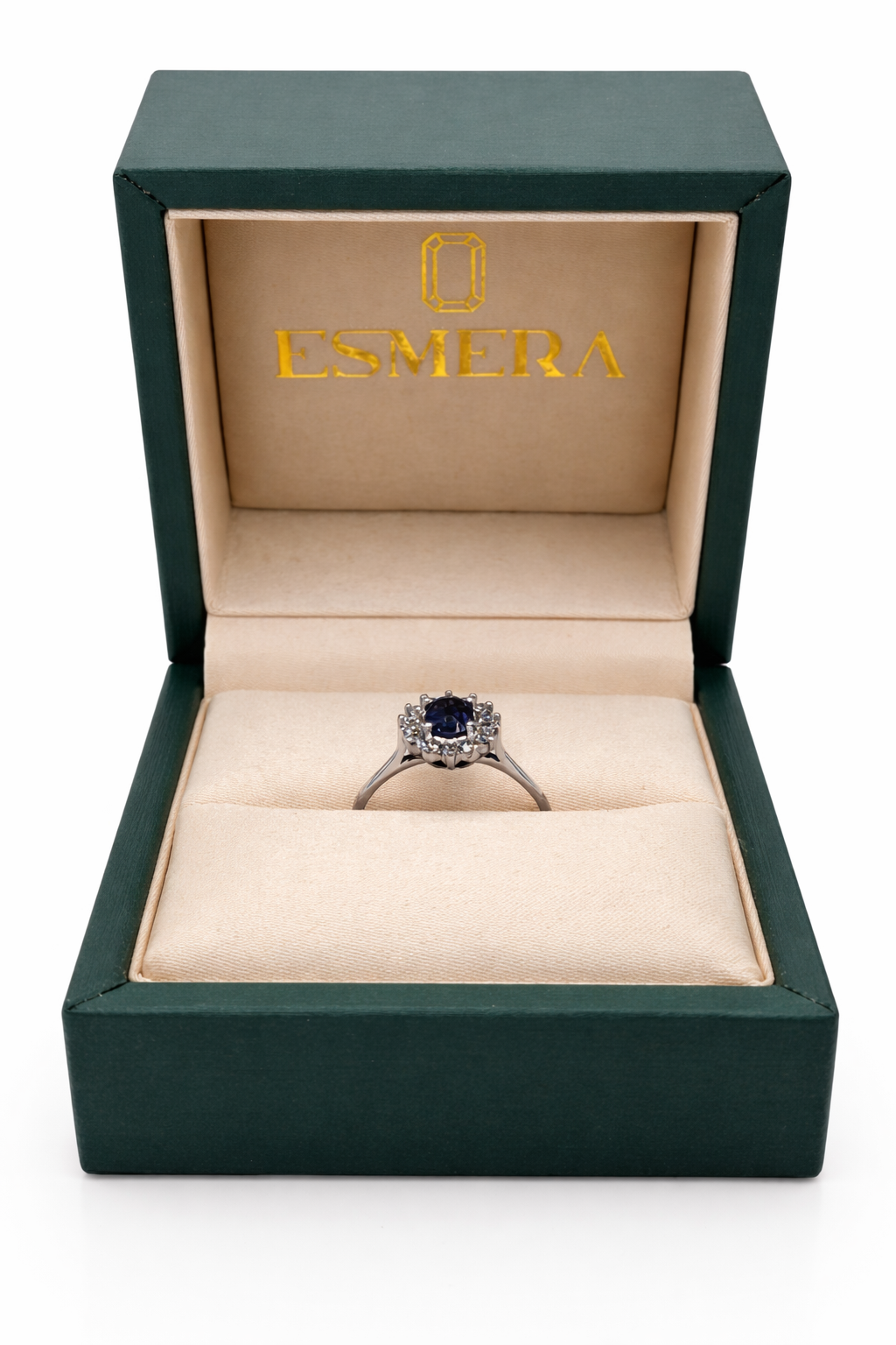 Anillo Zafiro Royal Blue – Zafiro Azul Natural Ovalado con Halo de Diamantes en Oro Blanco 18k