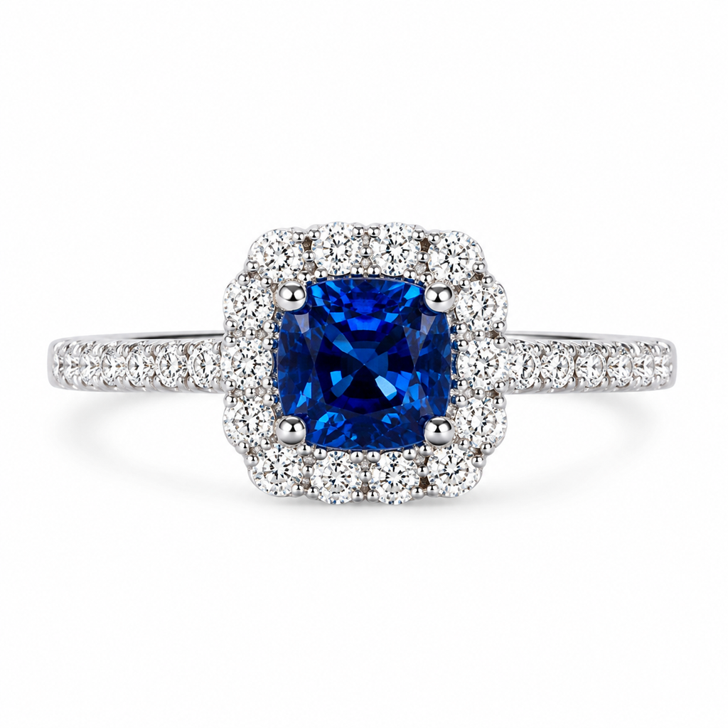 Anillo Blue Majesty - Zafiro Azul Natural 0,78 ct y Pavè de Diamantes en Oro Blanco 18k
