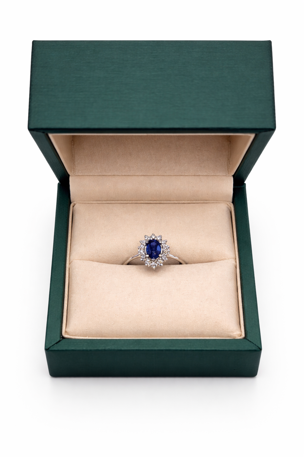 Anillo Zafiro Royal Blue – Zafiro Azul Natural Ovalado con Halo de Diamantes en Oro Blanco 18k