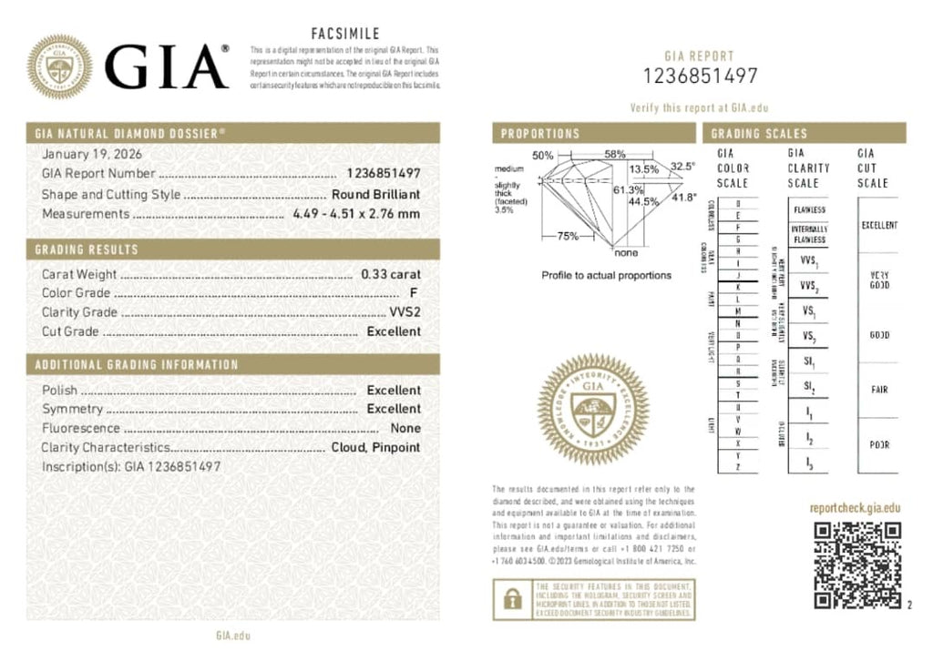 Dije punto de luz - Diamante Natural GIA 0.33 ct - color F - VVS2- corte triple excelente (3EX)
