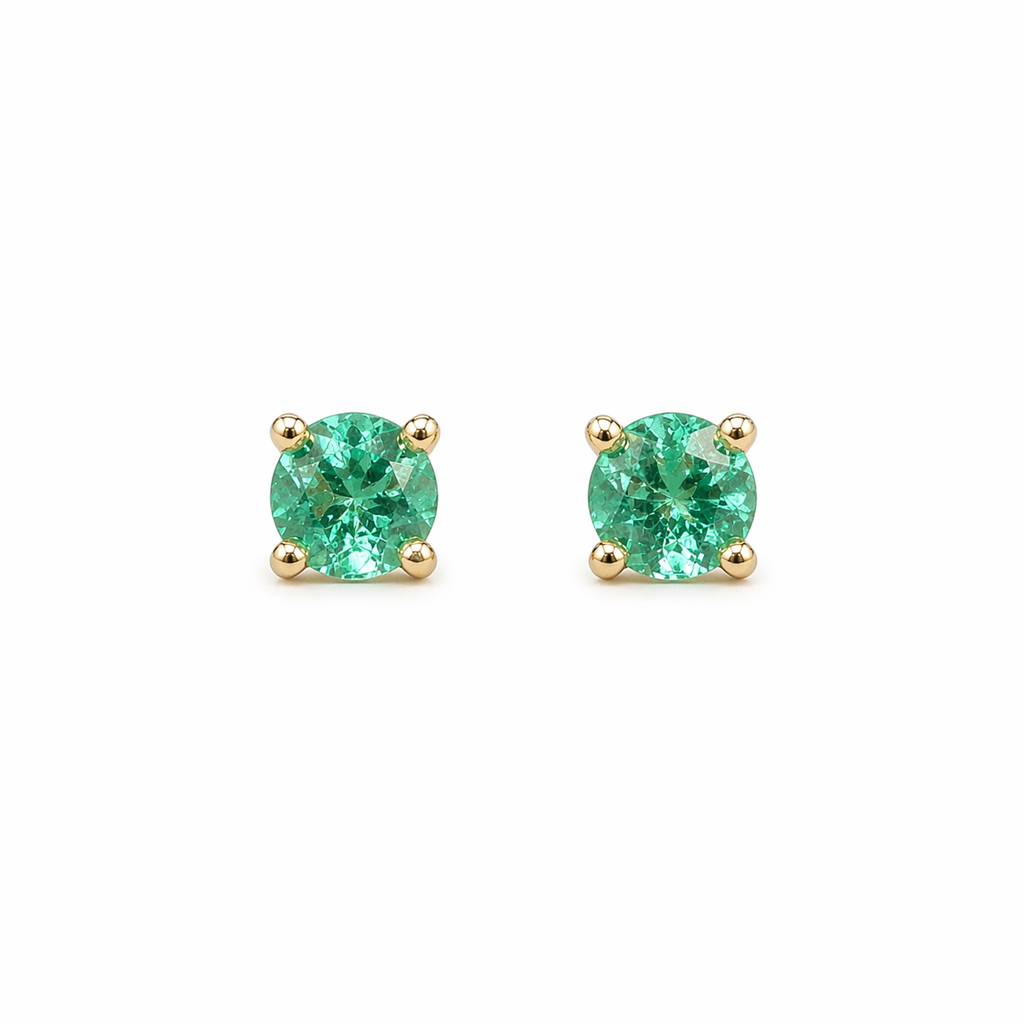 Aretes Muzo Redondos 4 mm – Esmeraldas Colombianas Naturales Mina Muzo en Oro Amarillo 18k