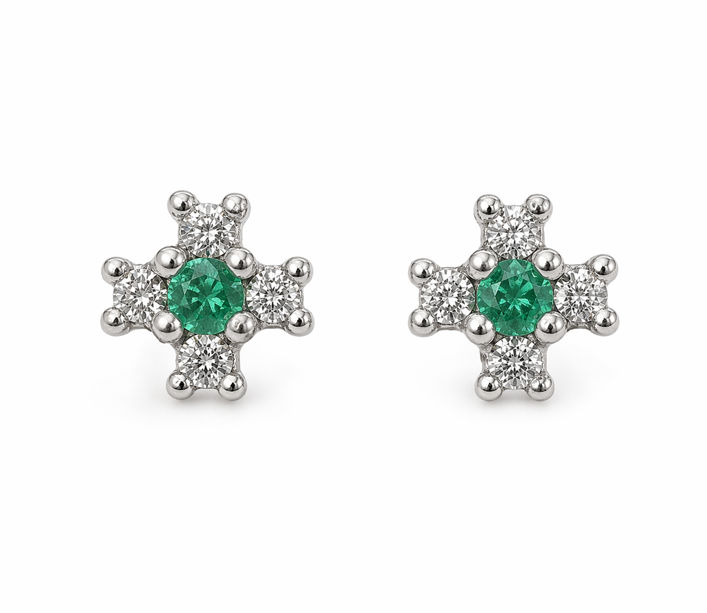 Aretes Mini Cruz – Esmeraldas Colombianas Mina Muzo con Diamantes en Oro Blanco 18k