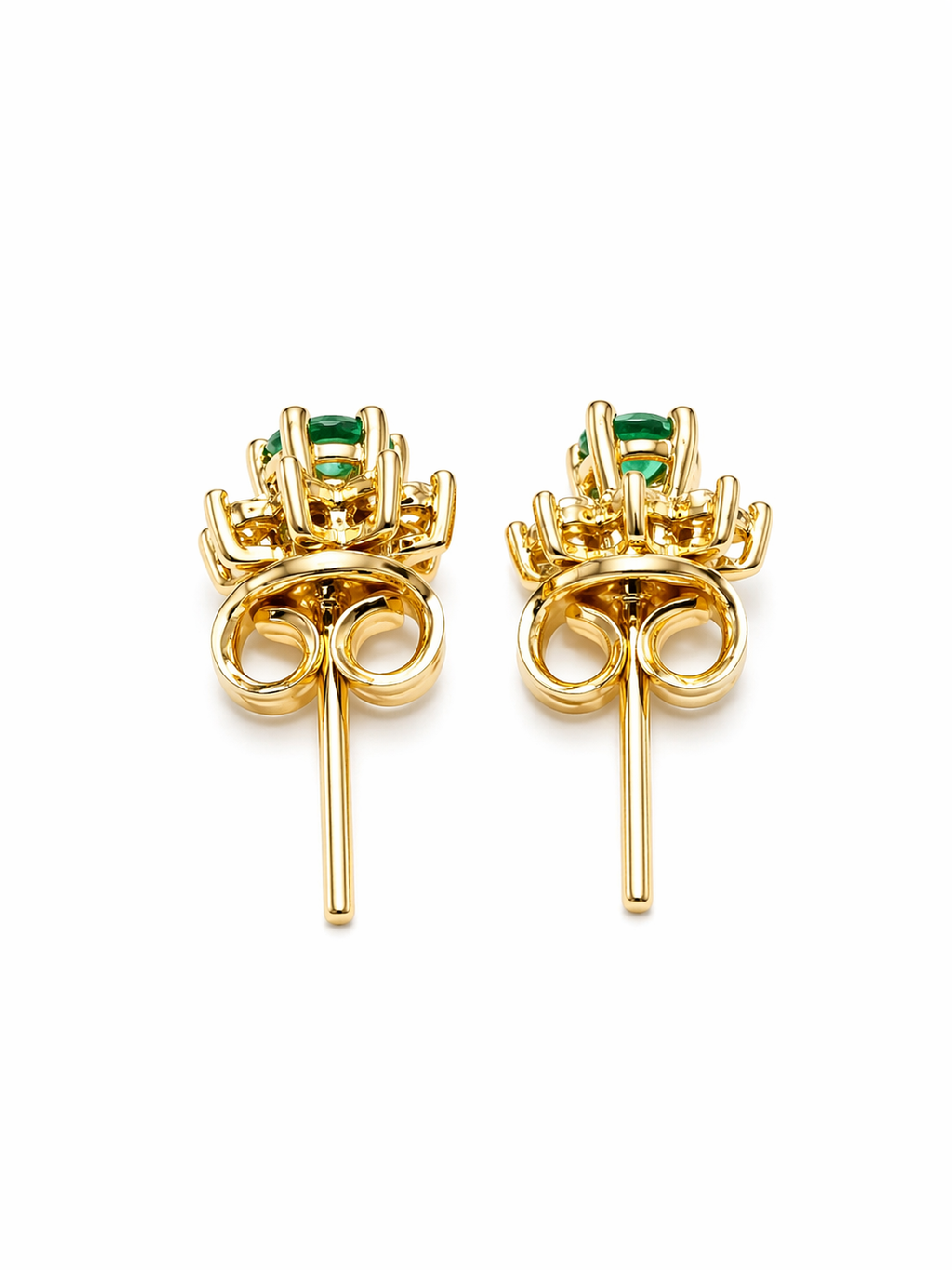 Studs Jaquets Fiore – Esmeraldas Colombianas con Halo Floral de Diamantes Desmontable en Oro Amarillo 18k