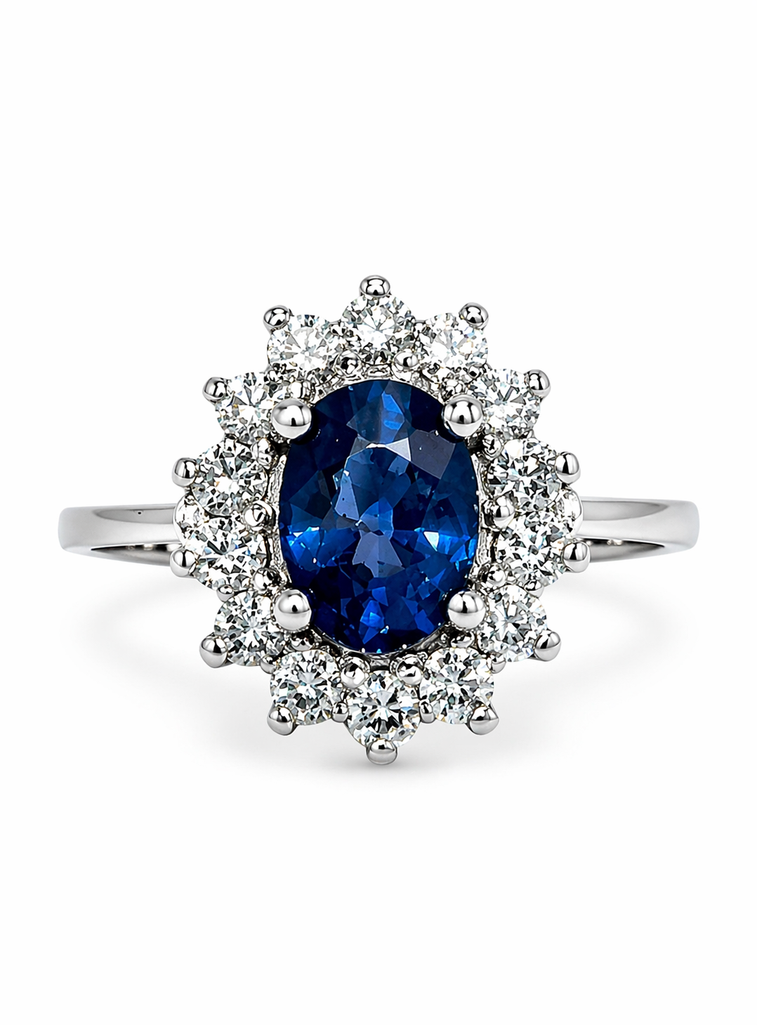 Anillo Zafiro Royal Blue – Zafiro Azul Natural Ovalado con Halo de Diamantes en Oro Blanco 18k