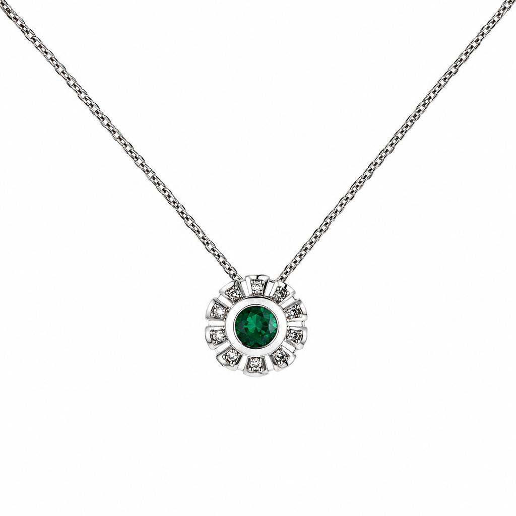 Dije Esmeralda Natural Muzo - Talla redonda 3 mm con halo de diamantes naturales en oro blanco 18k