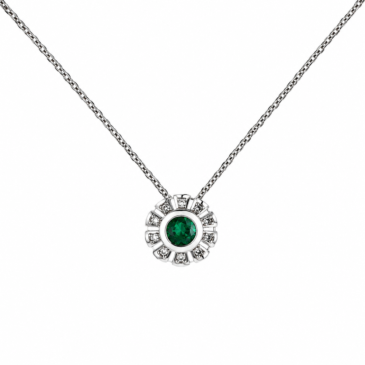 Dije Esmeralda Natural Muzo - Talla redonda 3 mm con halo de diamantes naturales en oro blanco 18k