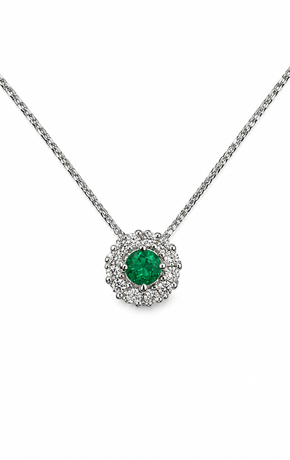 Dije Esmeralda Natural Muzo - Talla redonda 3 mm con halo de diamantes naturales en oro blanco 18k