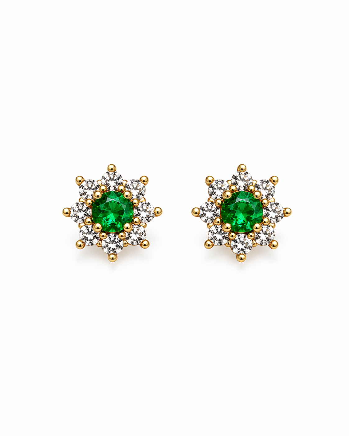 Studs Jaquets Fiore – Esmeraldas Colombianas con Halo Floral de Diamantes Desmontable en Oro Amarillo 18k