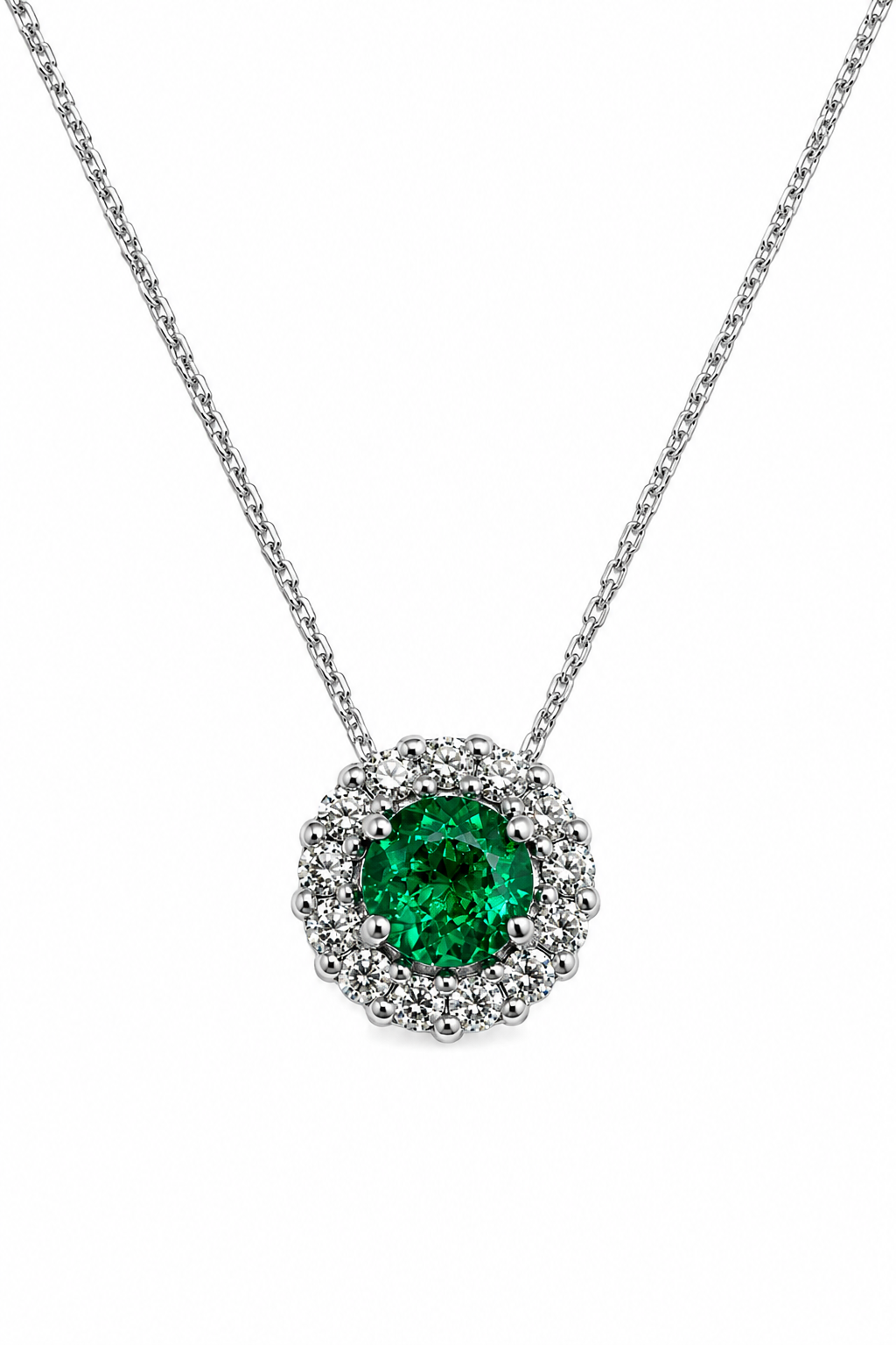 Dije Esmeralda Natural Muzo - Talla redonda 4 mm con halo de diamantes naturales en oro blanco 18k