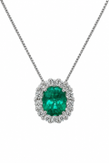 Dije Esmeralda Natural Muzo talla cushion con halo de diamantes naturales en oro blanco 18k