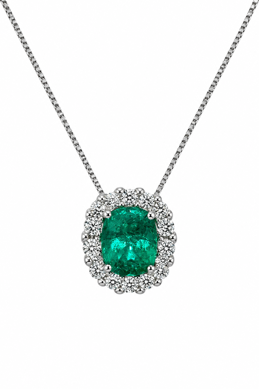Dije Esmeralda Natural Muzo talla cushion con halo de diamantes naturales en oro blanco 18k