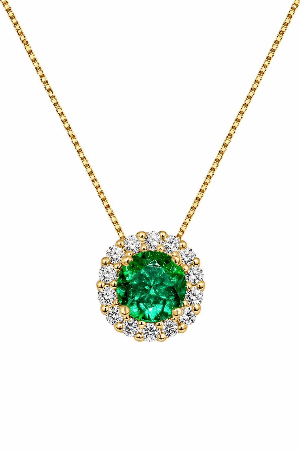 Dije Esmeralda Redonda Muzo alta calidad con halo de diamantes naturales en oro amarillo 18k