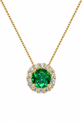 Dije Esmeralda Redonda Muzo alta calidad con halo de diamantes naturales en oro amarillo 18k