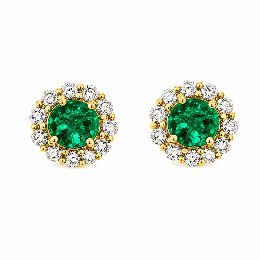Studs Esmeralda redonda Muzo de 4 mm con halo de diamantes naturales en oro amarillo 18k