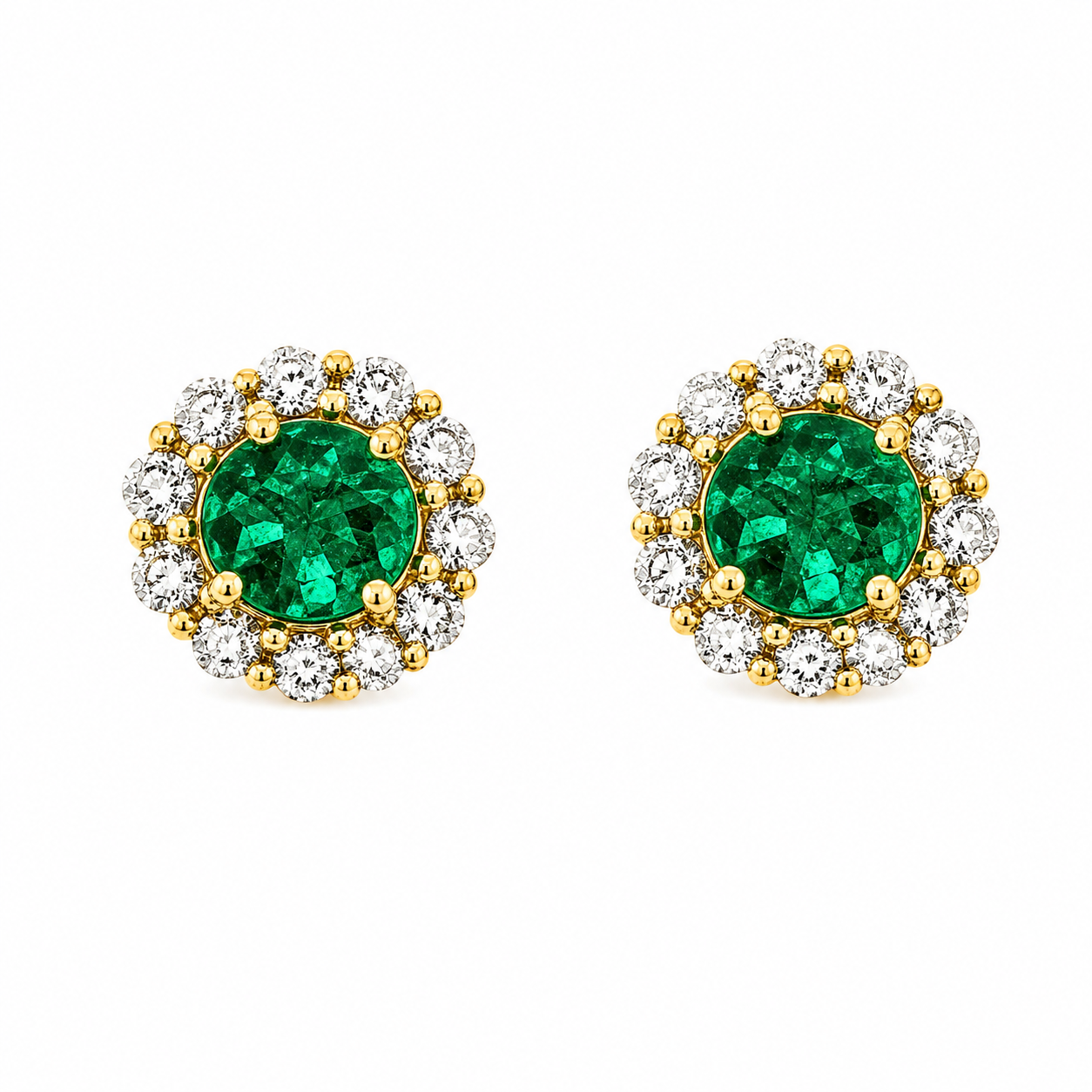 Studs Esmeralda redonda Muzo de 4 mm con halo de diamantes naturales en oro amarillo 18k