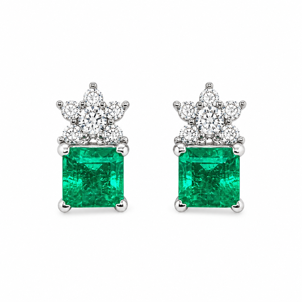 Aretes Esmeraldas Muzo Cuadradas con corona floral de diamantes naturales en oro blanco 18k
