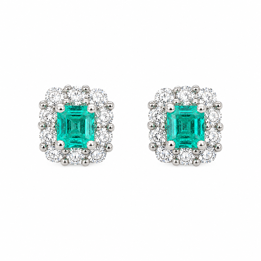 Aretes Esmeraldas cuadradas mini con halo de diamantes naturales en oro blanco de 18k