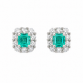 Aretes Esmeraldas cuadradas mini con halo de diamantes naturales en oro blanco de 18k