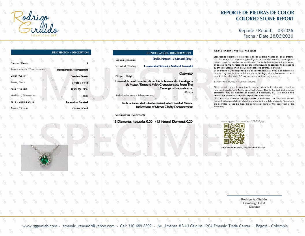 Dije Esmeralda Colombiana Ovalada con Halo de Diamantes – Mina Muzo 0.50 ct en Oro Blanco 18k