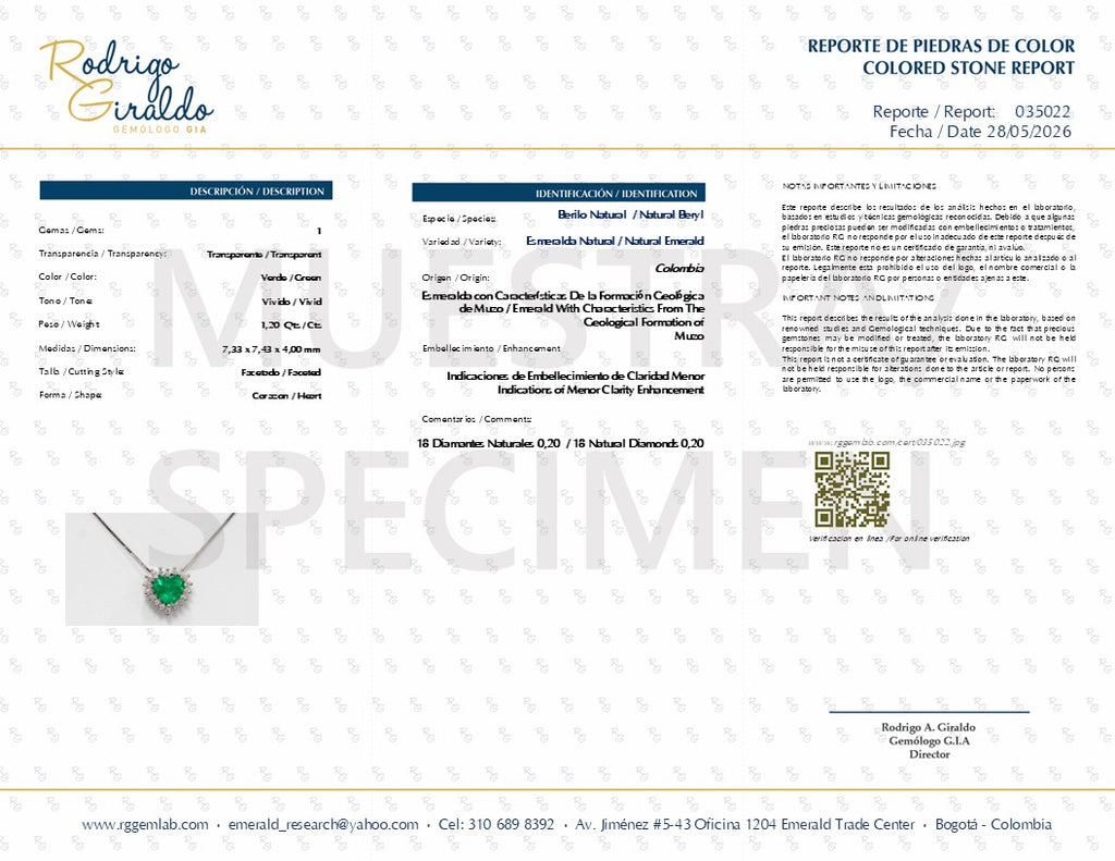 Dije Corazón de Furatena Muzo – Esmeralda Colombiana 1.20 ct con Diamantes en Oro Blanco 18k