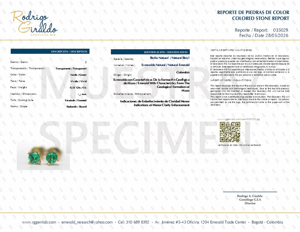 Aretes Muzo Redondos 4 mm – Esmeraldas Colombianas Naturales Mina Muzo en Oro Amarillo 18k