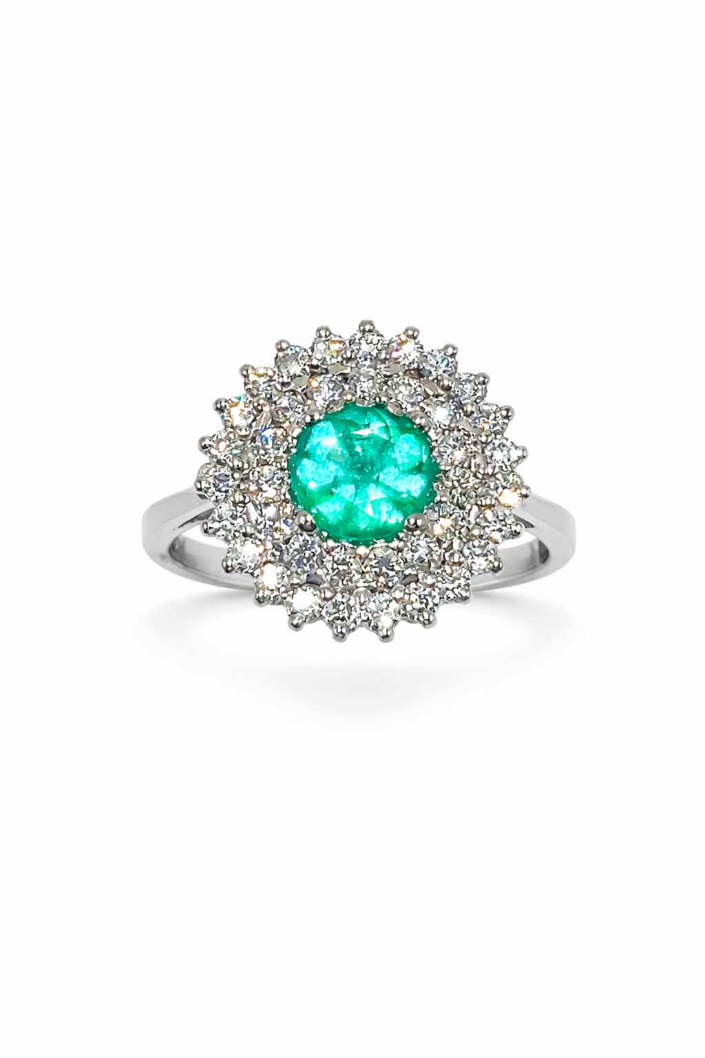 Anillo Alas de Mariposa – Esmeralda Colombiana con Efecto Gota de Aceite y Doble Halo de Diamantes