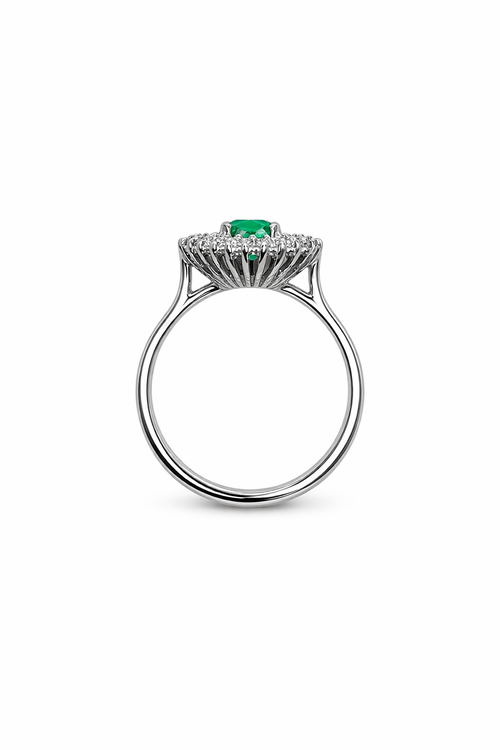 Anillo Alas de Mariposa – Esmeralda Colombiana con Efecto Gota de Aceite y Doble Halo de Diamantes