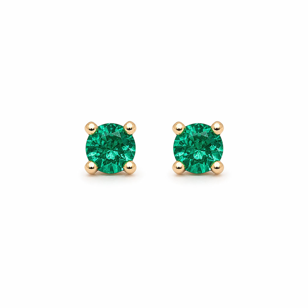 Aretes Esmeraldas Redondas 3 mm – Esmeraldas Colombianas Naturales Mina Muzo en Oro Amarillo 18k