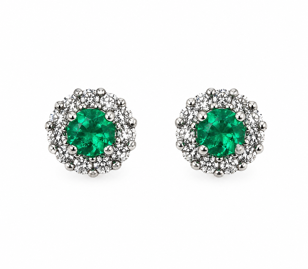 Aretes Studs Muzo Imperial – Esmeraldas Colombianas Naturales con Halo de Diamantes en Oro Blanco 18k