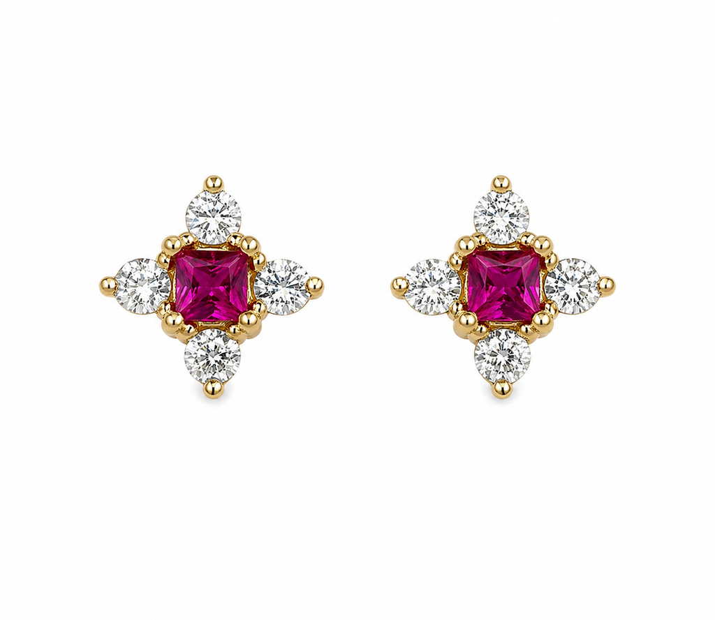 Aretes Stellar Rubí – Rubíes Naturales con Halo Estrella de Diamantes en Oro Amarillo 18k