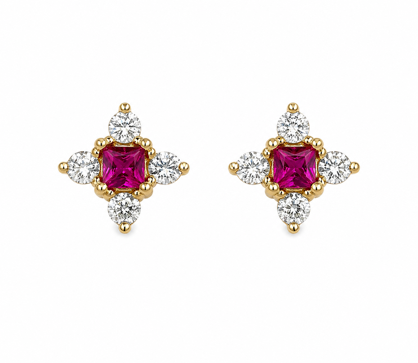 Aretes Stellar Rubí – Rubíes Naturales con Halo Estrella de Diamantes en Oro Amarillo 18k