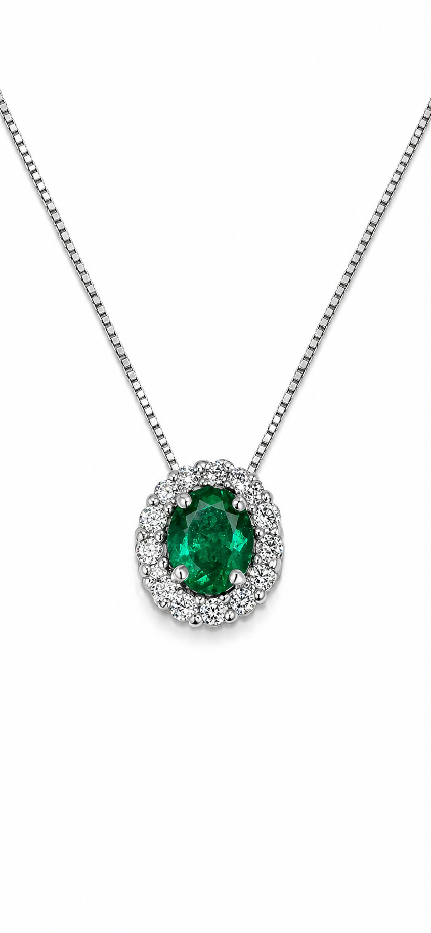 Dije Esmeralda Colombiana Ovalada con Halo de Diamantes – Mina Muzo 0.50 ct en Oro Blanco 18k