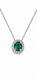 Dije Esmeralda Colombiana Ovalada con Halo de Diamantes – Mina Muzo 0.50 ct en Oro Blanco 18k