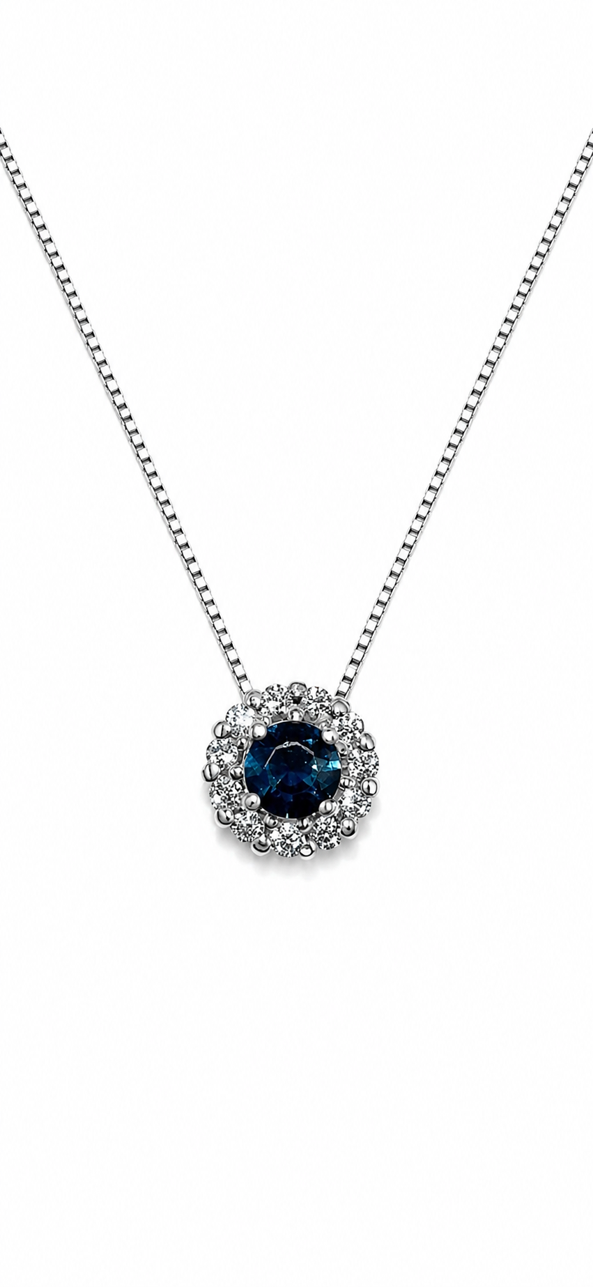 Dije Zafiro Azul con Halo de Diamantes – Zafiro Natural 0.24 ct en Oro Blanco 18k